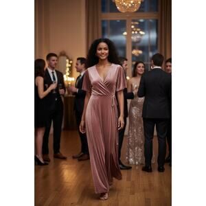 Baltic Born XL Meghan Velvet Wrap Dress Pink Champagne V-Neck Bell Sleeve Gown